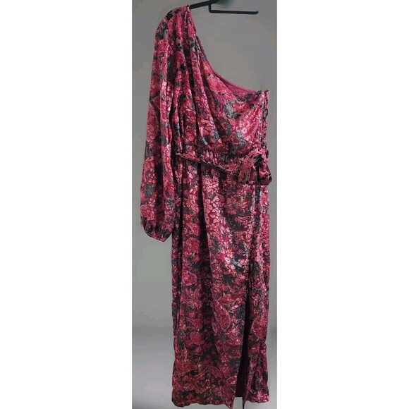 NWT Hemant & Nandita Mehr Maxi One-Shoulder Dress Size L Pink/Black/Multi Velvet